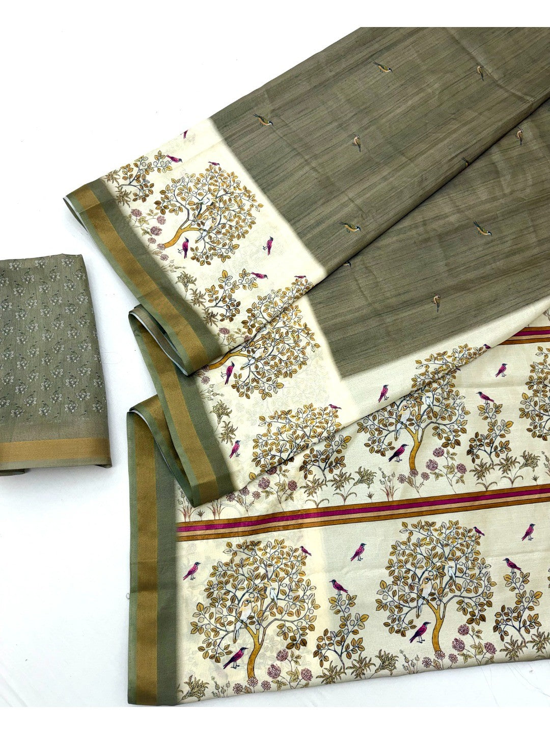Olive Digital Printed Dola Silk Saree with Zari Border - Image 2