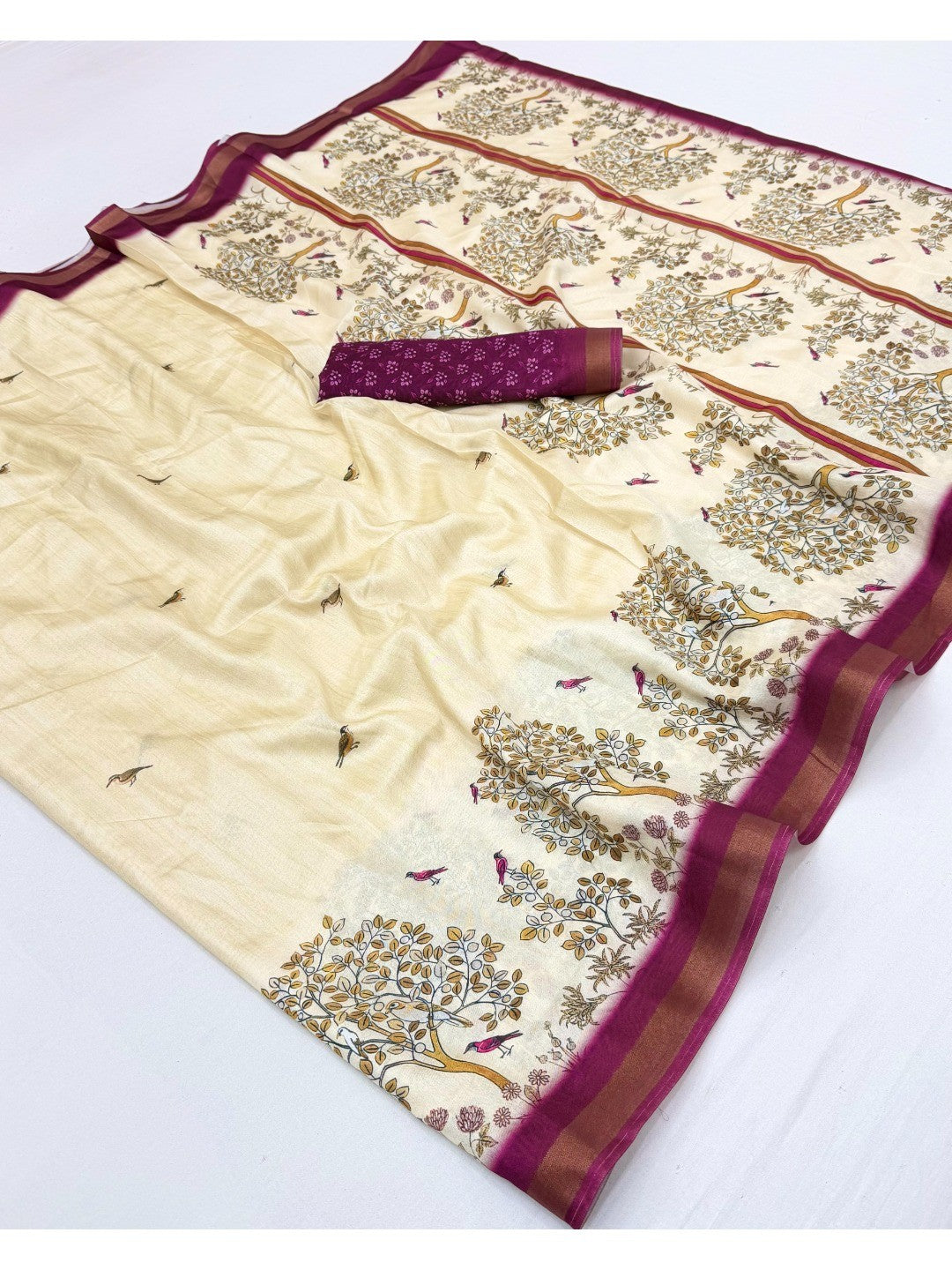 Offwhite Digital Printed Dola Silk Saree with Contrast Border - Image 3