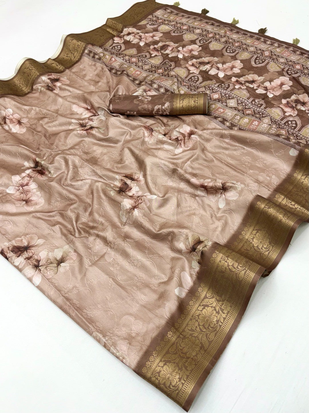 Elegant Brown Dola Silk Saree with Floral Digital Print and Jacquard Border - Image 3