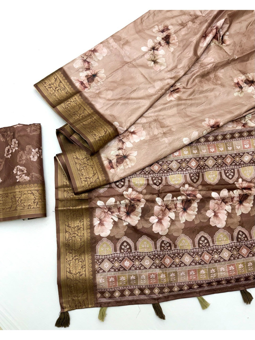 Elegant Brown Dola Silk Saree with Floral Digital Print and Jacquard Border - Image 2