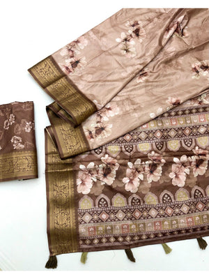 Elegant Brown Dola Silk Saree with Floral Digital Print and Jacquard Border - Image 2
