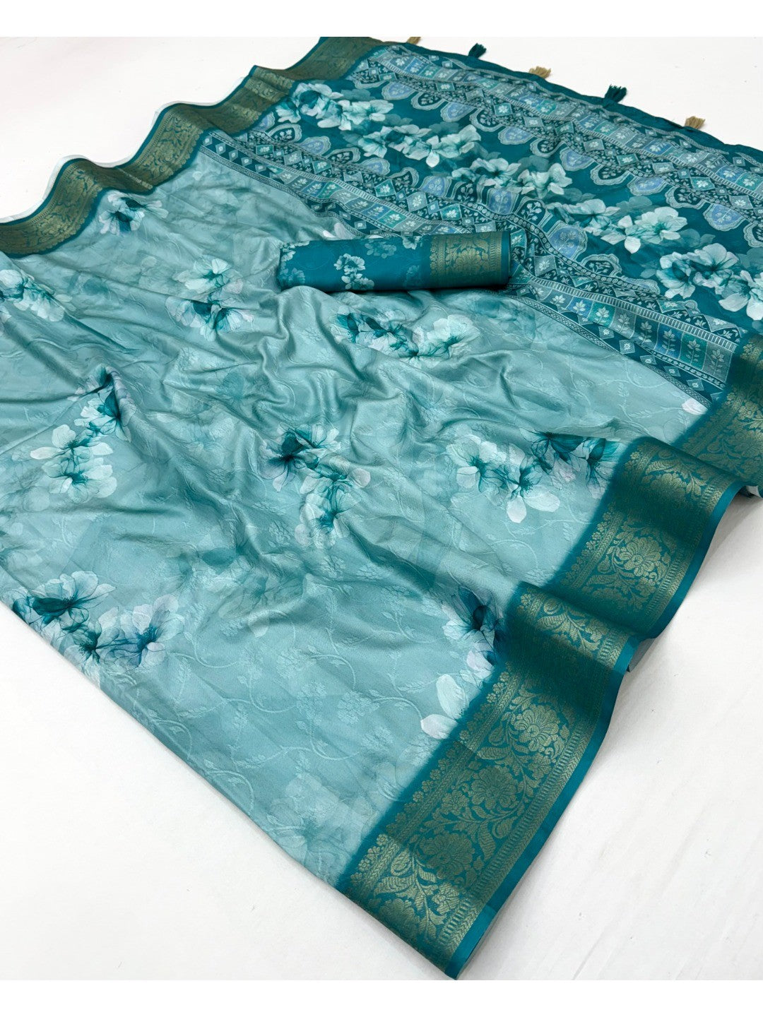 Rama Blue Dola Silk Saree with Floral Digital Print and Jacquard Border - Image 2
