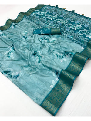 Rama Blue Dola Silk Saree with Floral Digital Print and Jacquard Border - Image 2