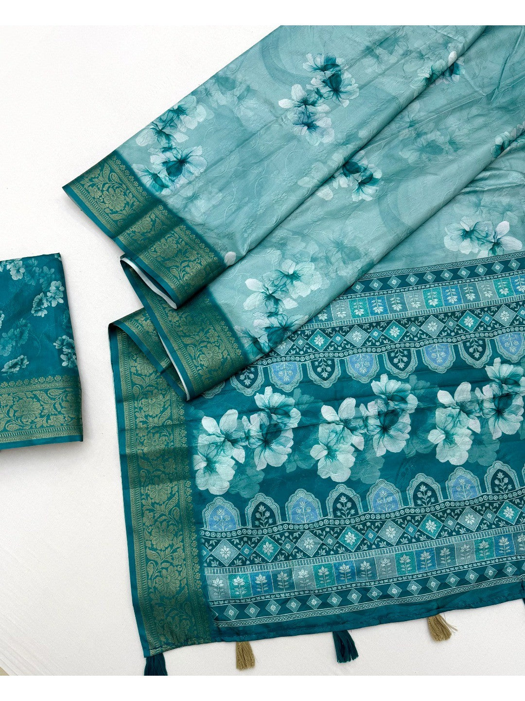 Rama Blue Dola Silk Saree with Floral Digital Print and Jacquard Border - Image 3
