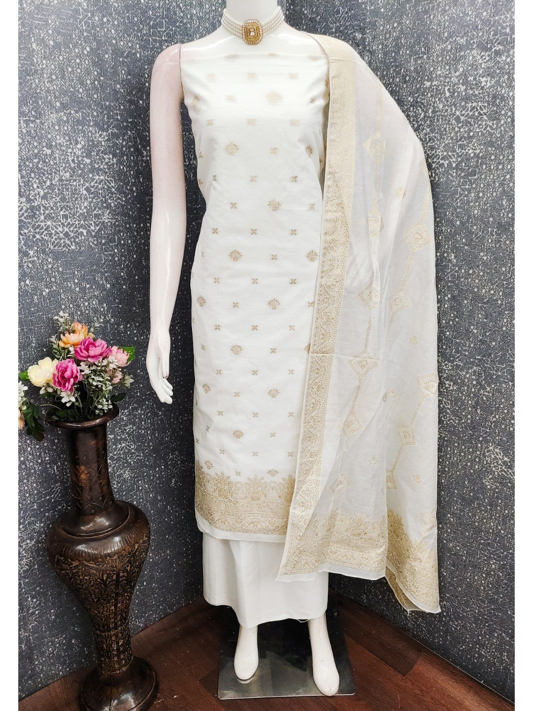 Elegant White Banarasi Silk Dress Material with Zari Work - Image 3