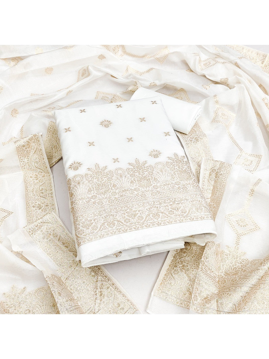 Elegant White Banarasi Silk Dress Material with Zari Work - Image 1