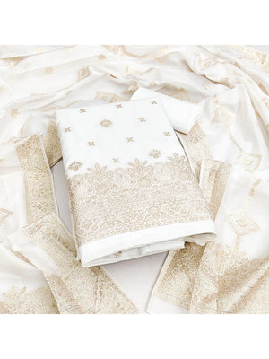 Elegant White Banarasi Silk Dress Material with Zari Work - Image 1
