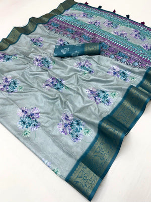 Elegant Blue Dola Silk Saree with Floral Digital Print - Image 2