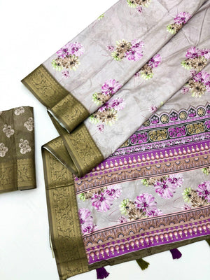 Floral Digital Print Grey & Green Dola Silk Saree with Jacquard Border - Image 2