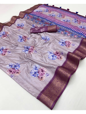 Elegant Violet Dola Silk Saree with Floral Digital Print and Jacquard Border - Image 2