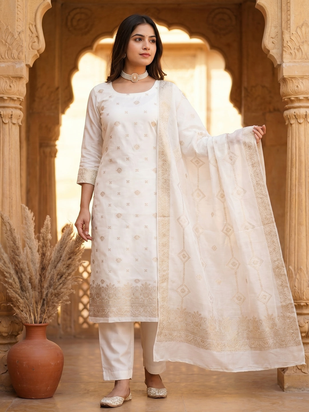 Elegant White Banarasi Silk Dress Material with Zari Work - Image 2