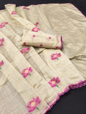Stylish Beige Purple Floral Weaving Cotton Blend Jamdani Saree - Image 2