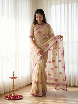 Stylish Beige Purple Floral Weaving Cotton Blend Jamdani Saree - Image 1