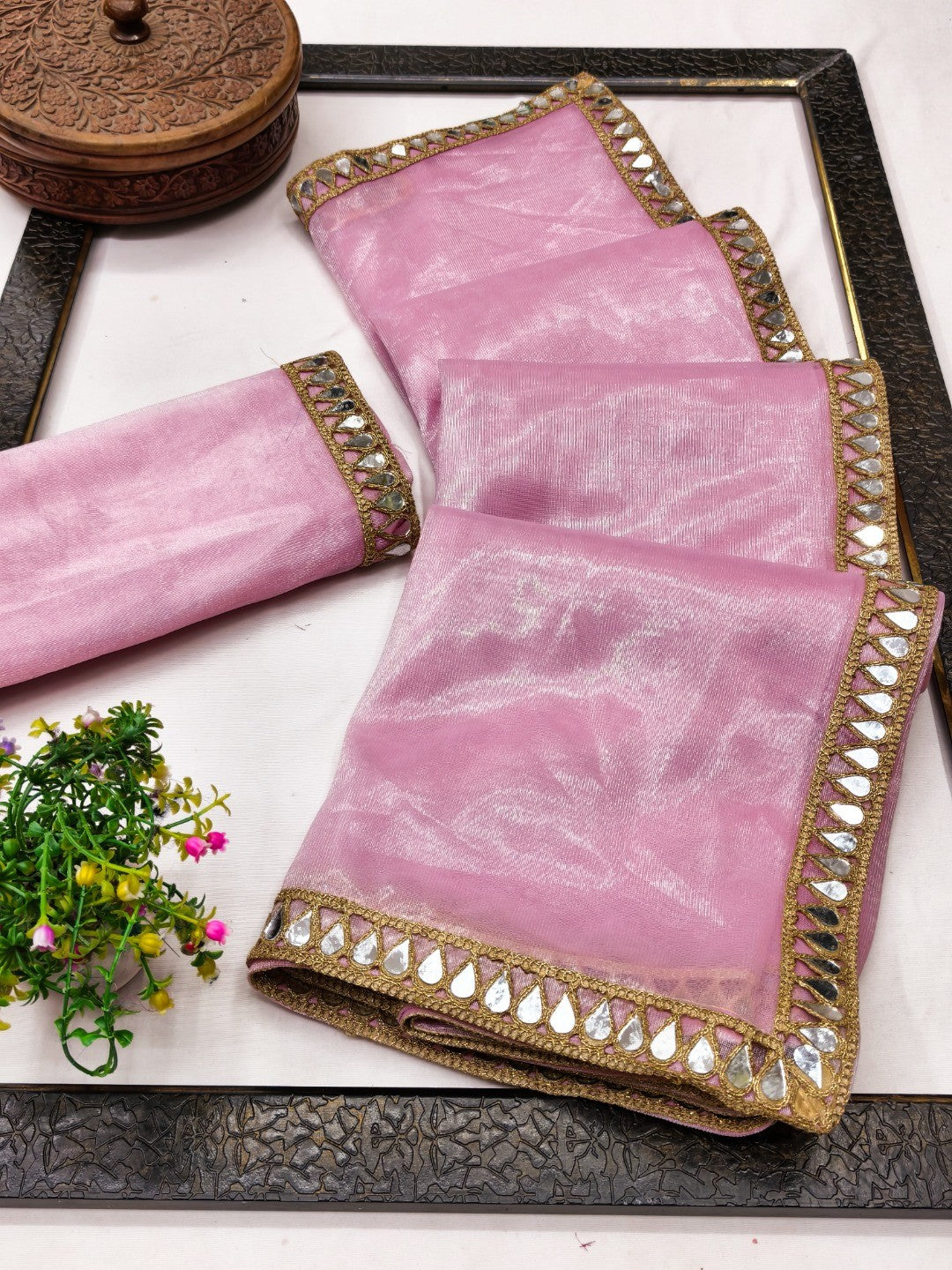 Premium Pink Net Saree with Mirror Work Border Glamorous Festive Outfit - Image 2