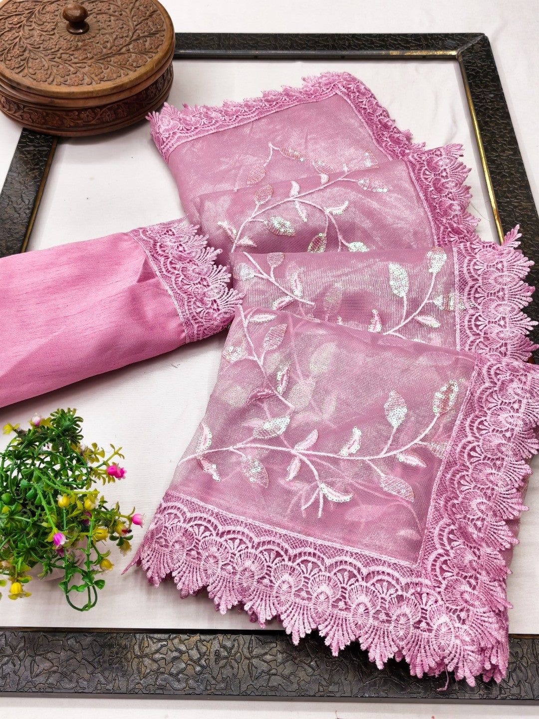 Designer Pink Net Saree with Sequins Work and Lace Border Modern Ethnic Style - Image 2
