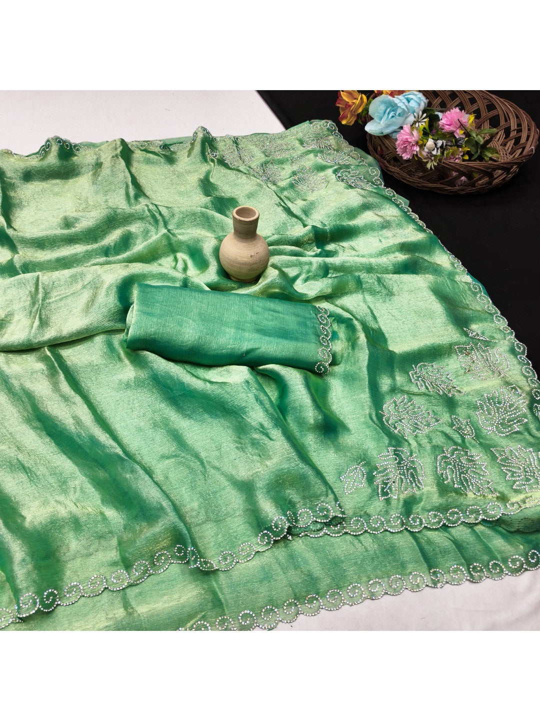 Elegant Green Chiffon Saree with Sequins Work and Scalloped Border - Image 3