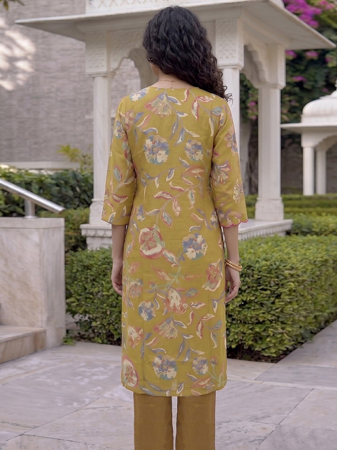 Mustard Floral Printed Viscose Blend Straight Kurta Set with Dupatta - Image 3