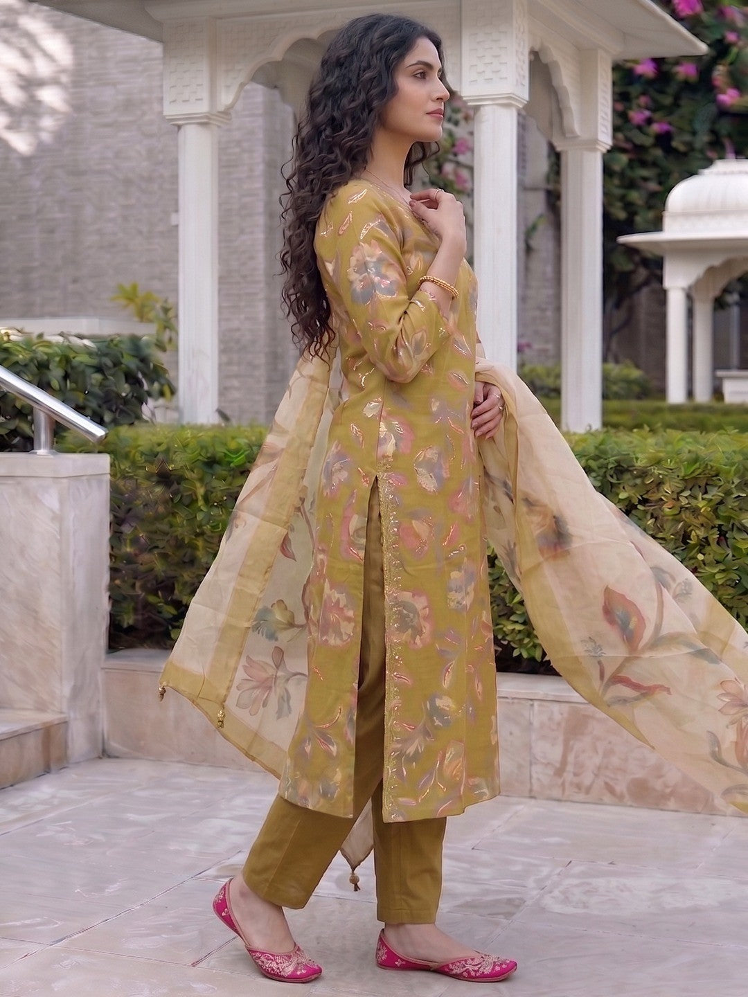 Mustard Floral Printed Viscose Blend Straight Kurta Set with Dupatta - Image 2