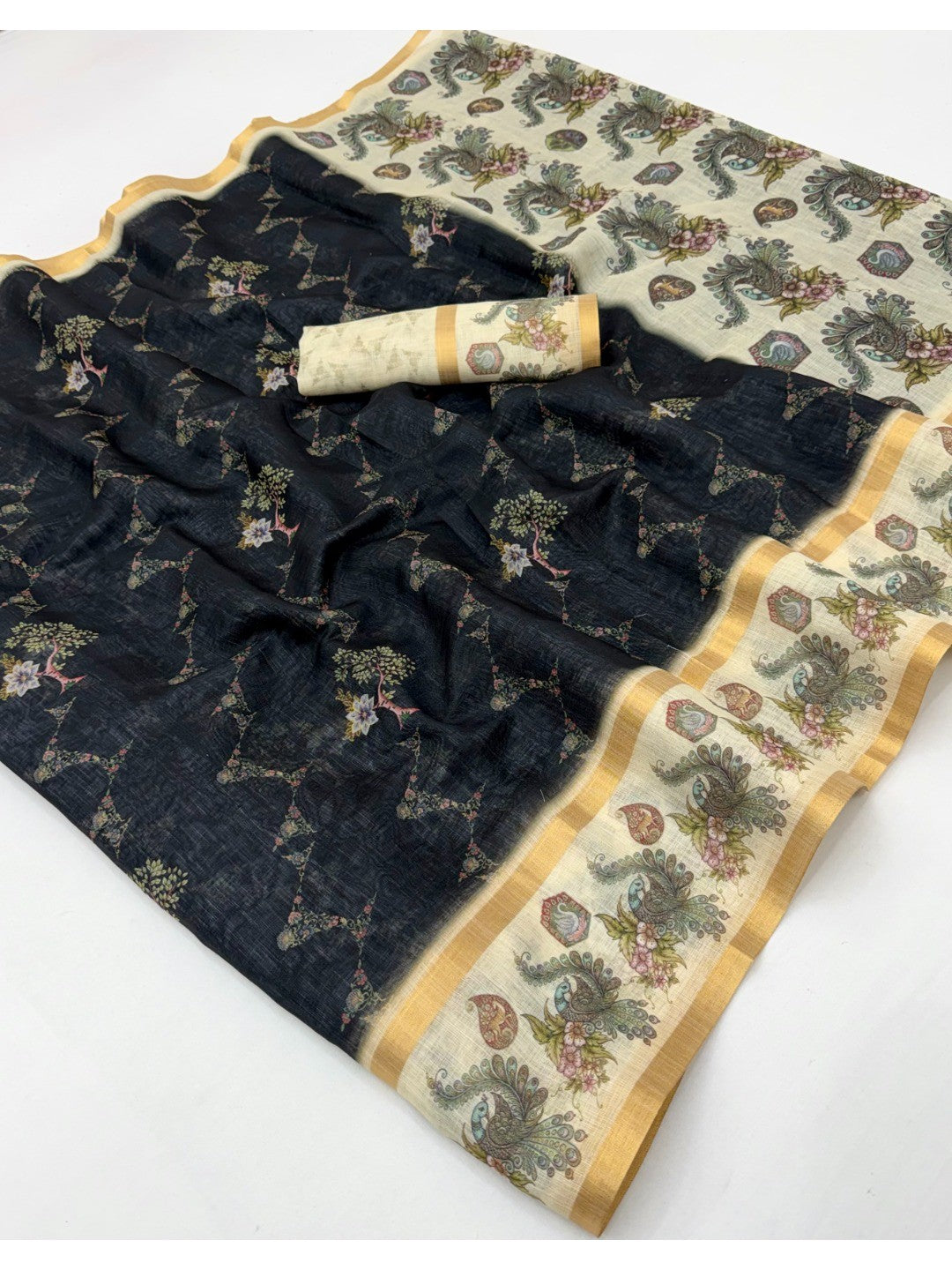 Elegant Black Cotton Silk Saree with Digital Print & Zari Border - Image 2