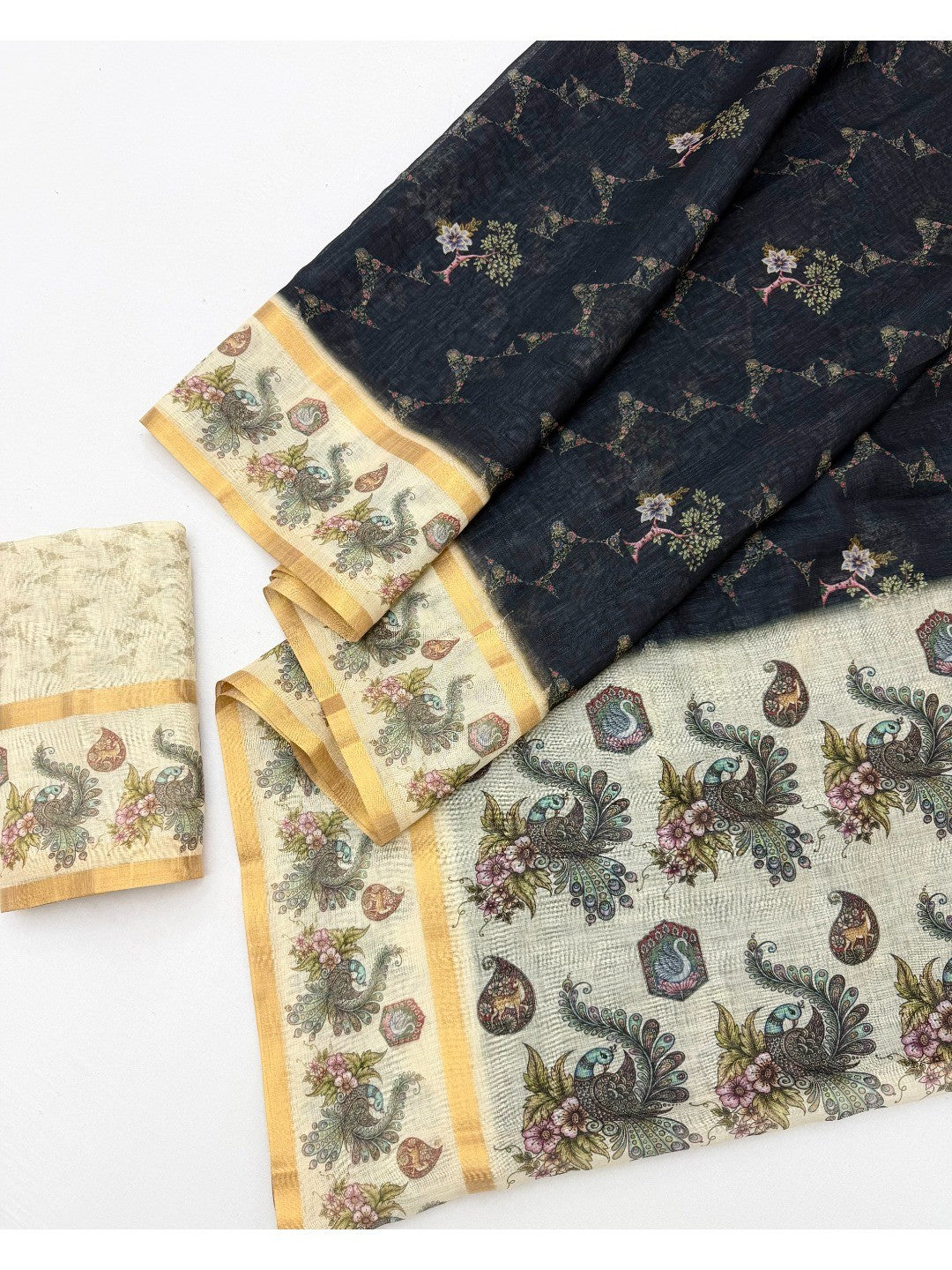 Elegant Black Cotton Silk Saree with Digital Print & Zari Border - Image 3