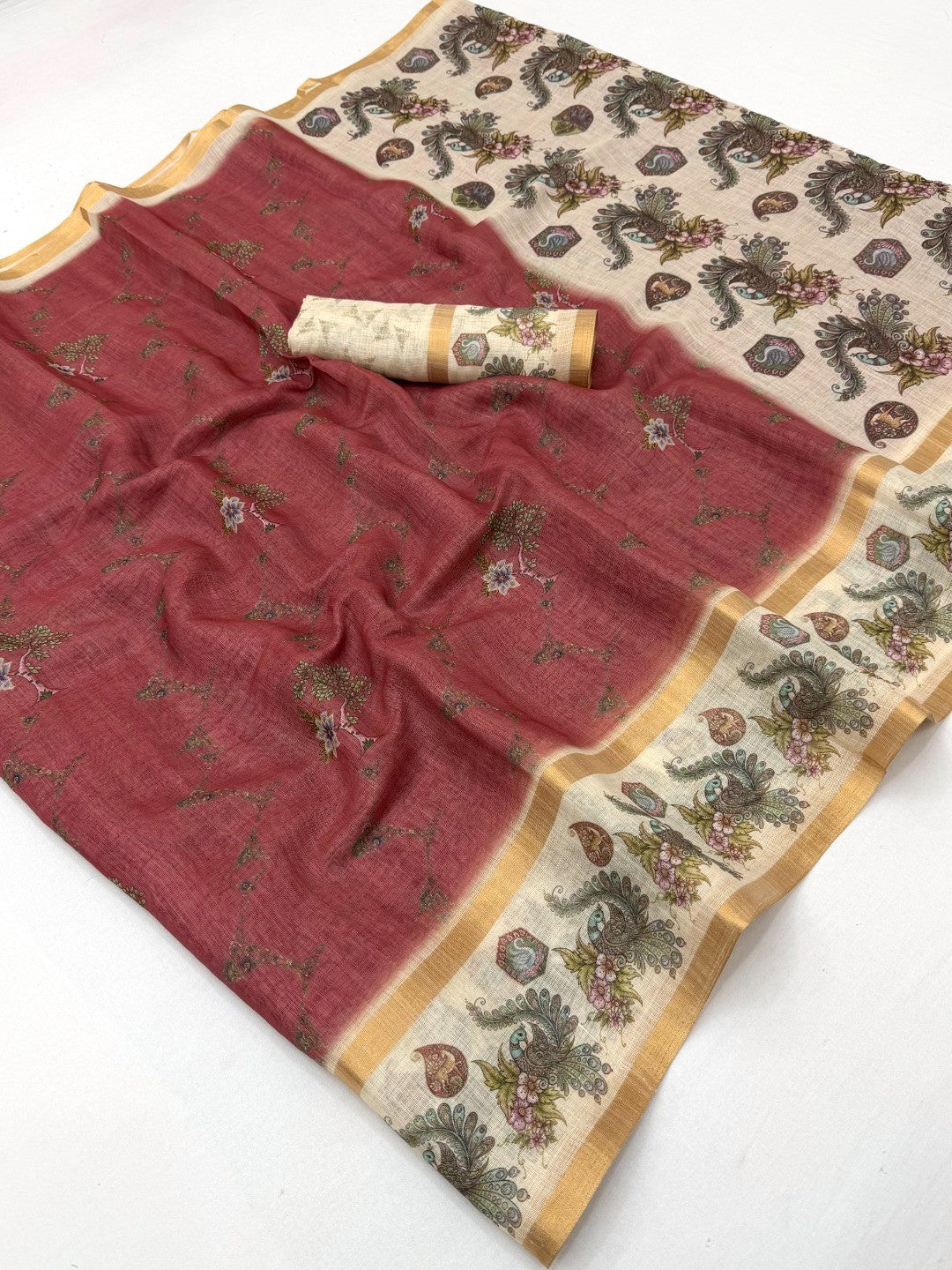 Maroon Cotton Silk Digital Print Saree with Zari Border - Image 3