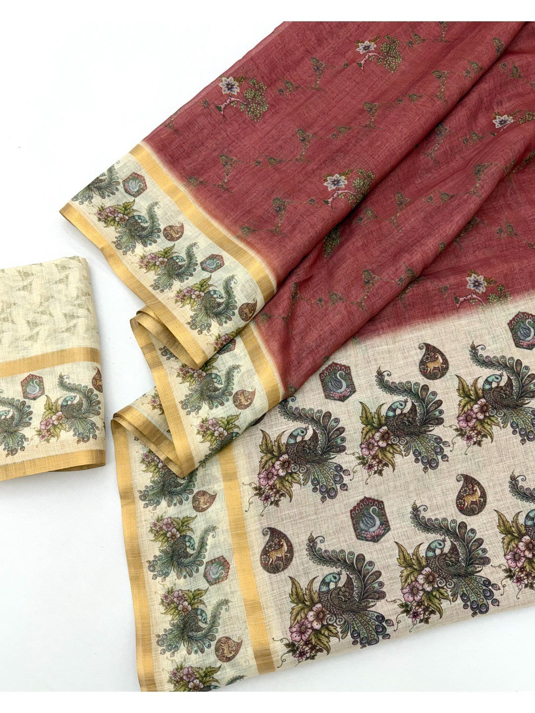 Maroon Cotton Silk Digital Print Saree with Zari Border - Image 2
