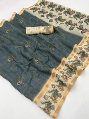 Elegant Grey Cotton Silk Digital Print Saree with Zari Border - Image 2
