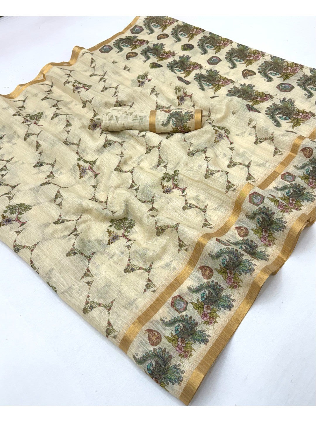 Offwhite Cotton Silk Digital Print Saree with Zari Border - Image 3
