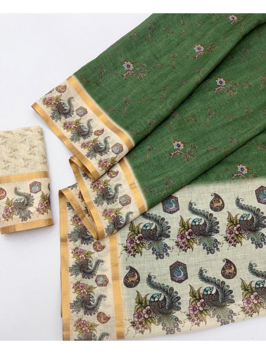 Elegant Green Cotton Silk Digital Print Saree with Zari Border - Image 3