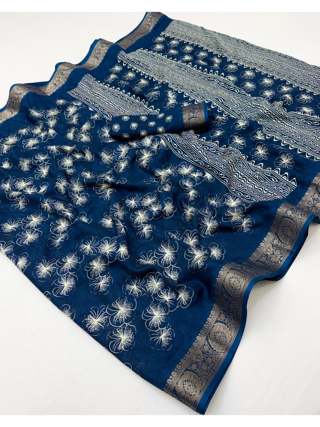 Elegant Blue Dola Silk Saree with Floral Digital Print and Zari Border - Image 3