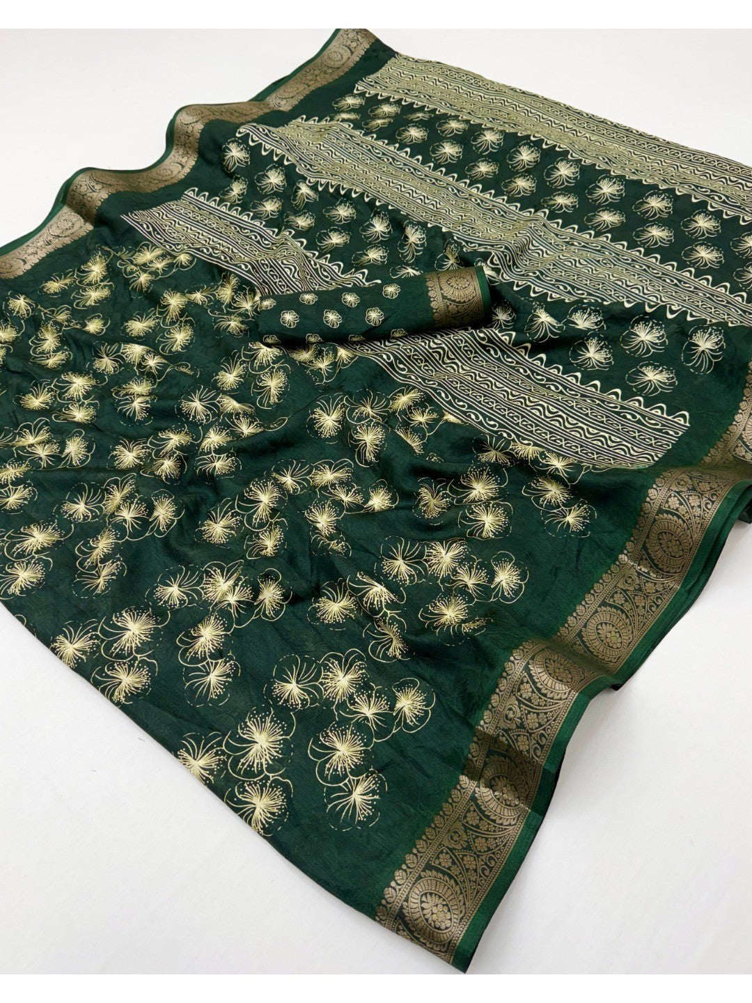 Elegant Green Dola Silk Saree with Digital Print and Zari Border - Image 3