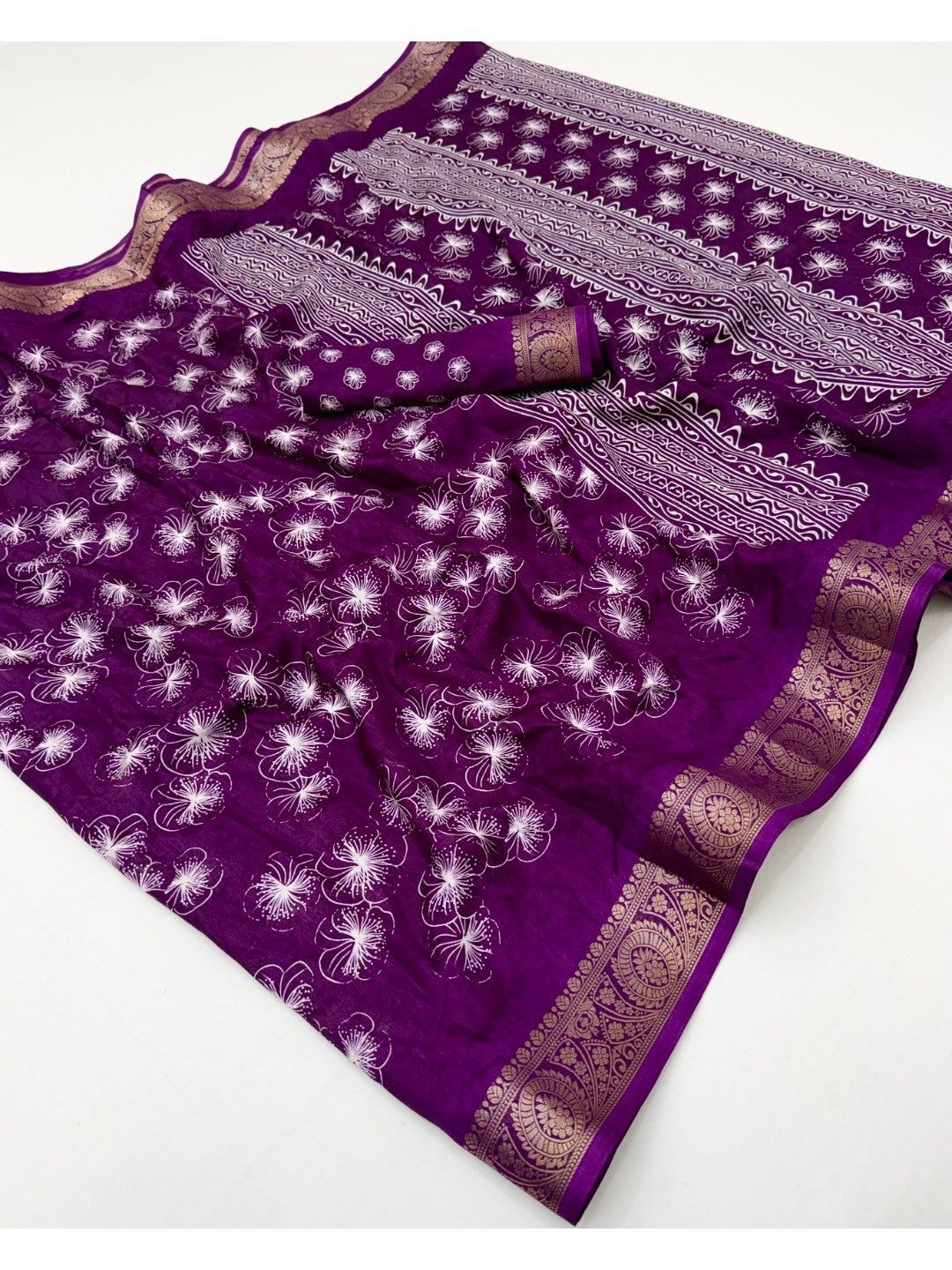 Elegant Floral Printed Dola Silk Saree in Violet with Zari Border - Image 3