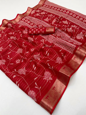 Elegant Red Crepe Saree with Floral Print and Zari Jacquard Border - Image 2