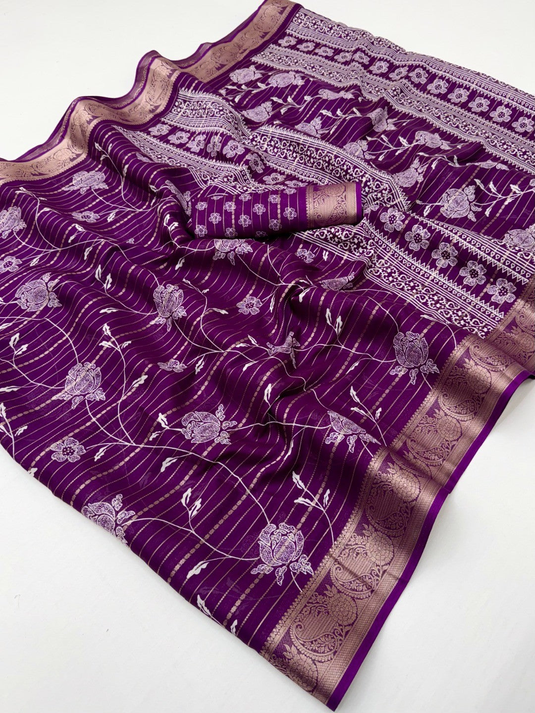 Elegant Purple Crepe Saree with Floral Print and Zari Jacquard Border - Image 3