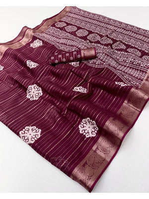 Wine Striped Crepe Saree with Zari Jacquard Border - Image 2