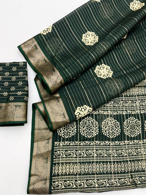 Elegant Green Crepe Saree with Striped Pattern and Jacquard Border - Image 2