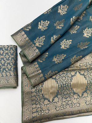 Stylish Teal Crepe Saree with Floral Zari Work Elegant Occasion Wear - Image 2
