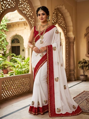 Elegant White Georgette Bandhani Saree with Embroidered Peacock Motifs - Image 1