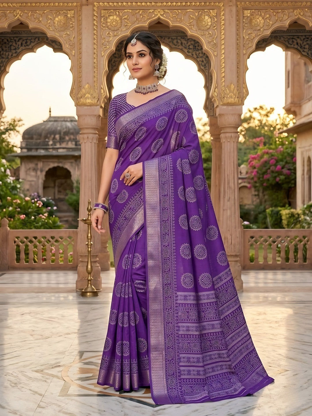 Elegant Purple Dola Silk Saree with Traditional Jaipuri Print - Image 1