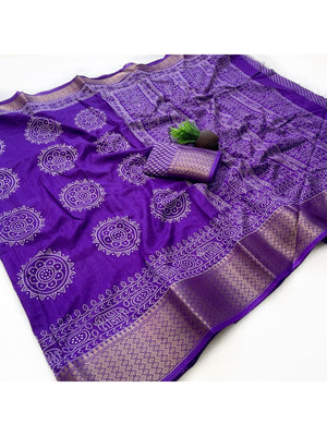 Elegant Purple Dola Silk Saree with Traditional Jaipuri Print - Image 2