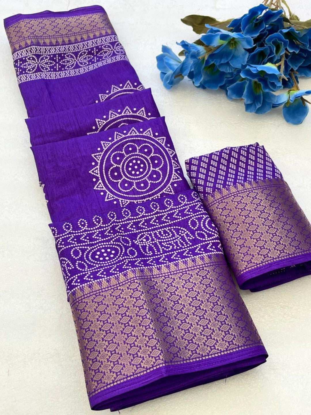 Elegant Purple Dola Silk Saree with Traditional Jaipuri Print - Image 3