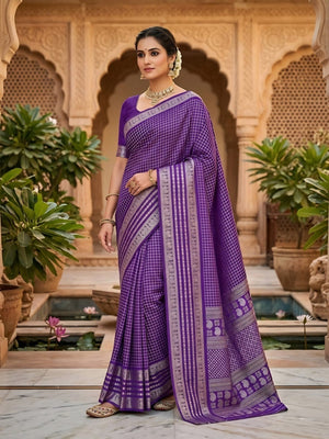 Elegant Checked Purple Dola Silk Saree with Zari Border - Image 1
