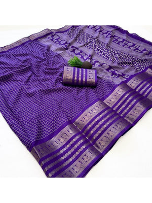 Elegant Checked Purple Dola Silk Saree with Zari Border - Image 2