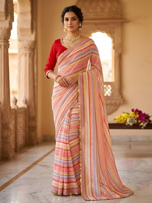 Multicolor Striped Georgette Saree with Sequins Work - Image 1