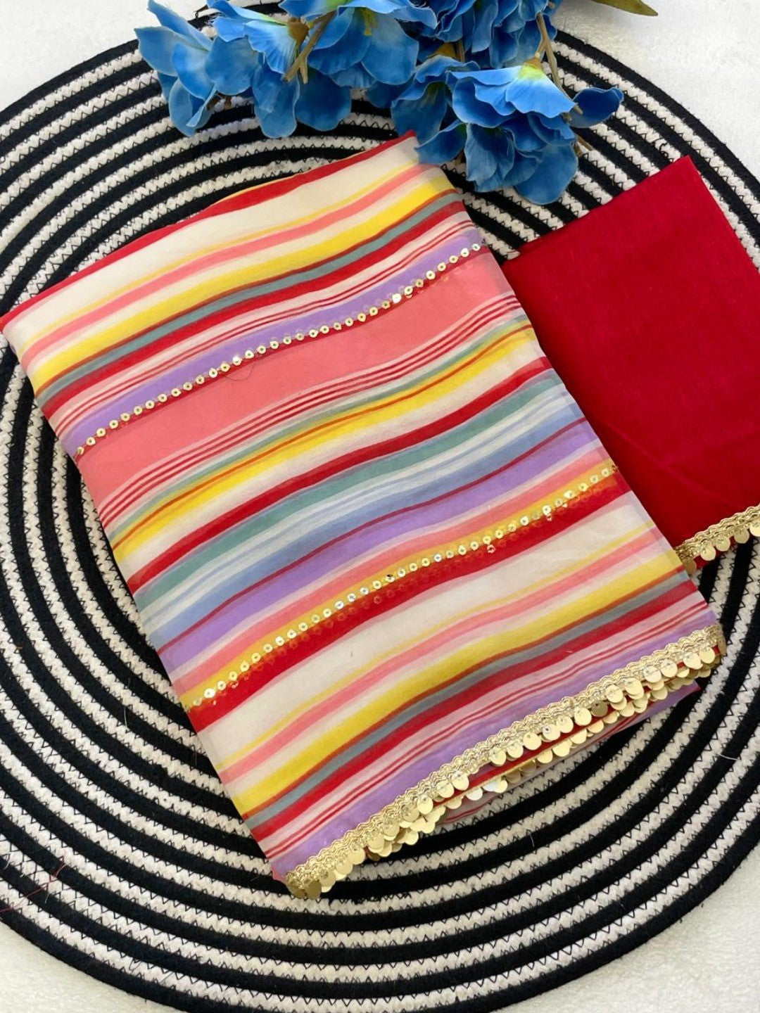 Multicolor Striped Georgette Saree with Sequins Work - Image 2