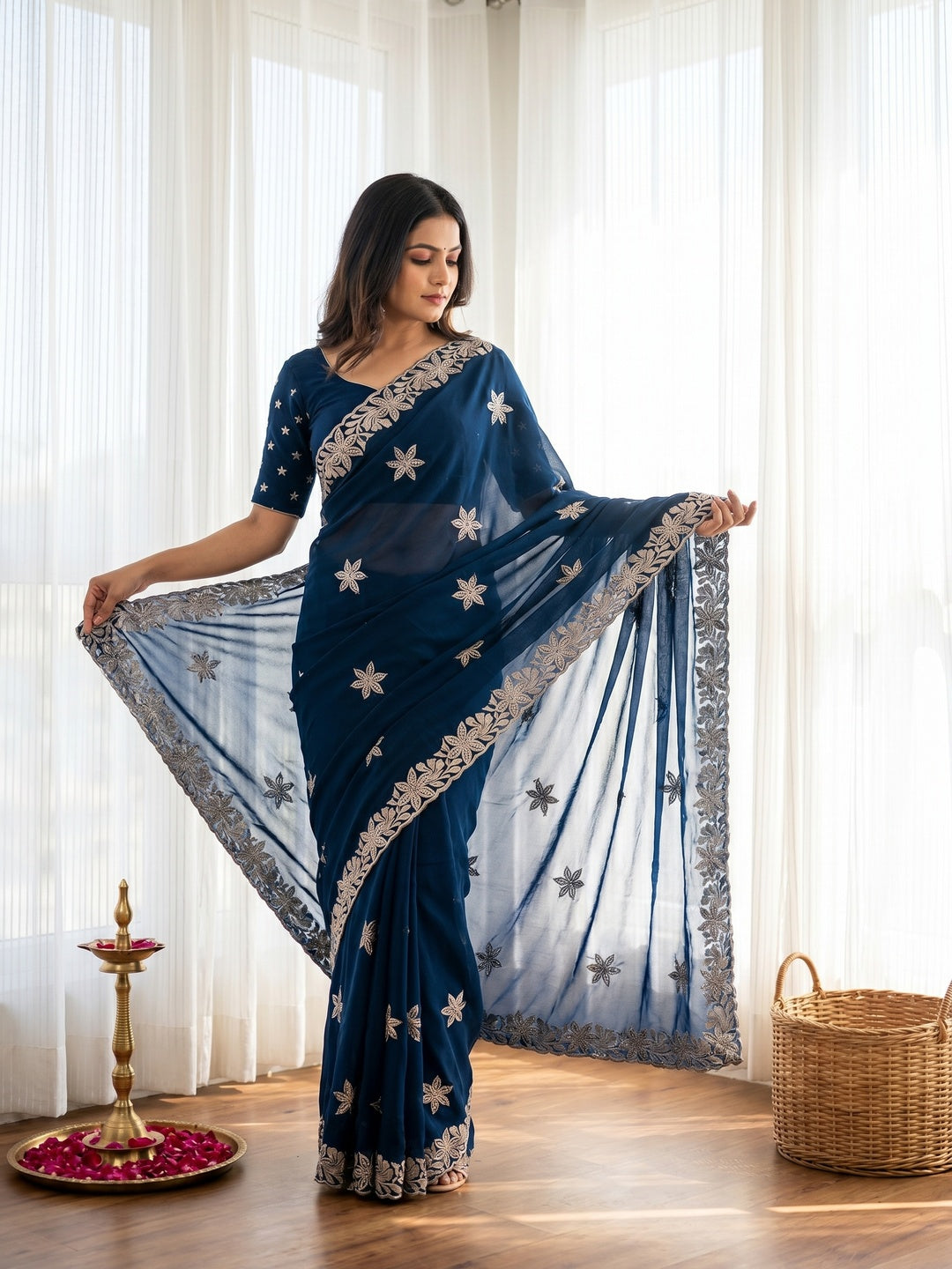 Designer Teal Georgette Saree with Star Embroidery Chic Party Outfit - Image 1