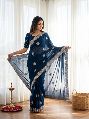 Designer Teal Georgette Saree with Star Embroidery Chic Party Outfit - Image 1