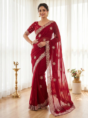 Elegant Red Georgette Saree with Delicate Star Thread Work Embroidery - Image 1