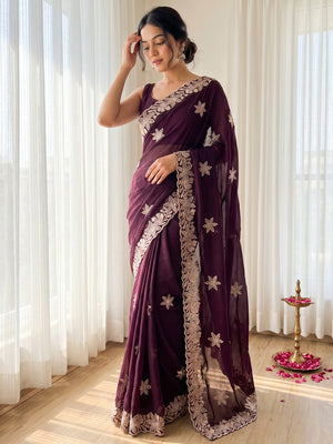 Designer Wine Georgette Saree with Star Embroidery Chic Party Outfit - Image 1