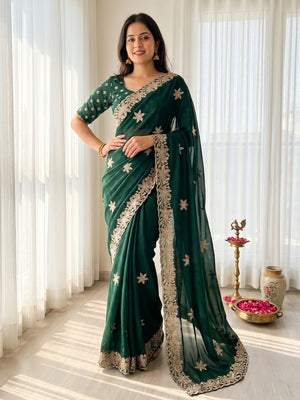 Elegant Green Georgette Saree with Floral Thread Work Embroidery - Image 1